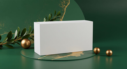 Elegant Product Display with White Box, Gold Spheres, and Greenery on Emerald Backdrop