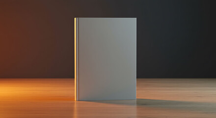 Blank Book Standing on Wooden Surface with Warm Lighting and Shadows