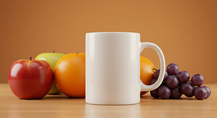 White Mug with Fresh Fruits on Wooden Table, Orange Background.