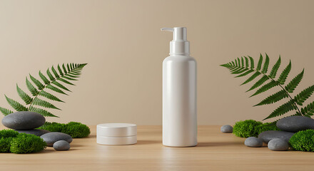 Minimalist Skincare Product Display with Ferns, Stones, and Natural Elements
