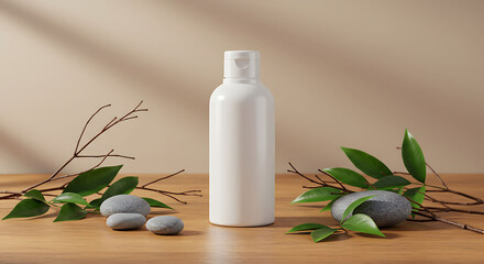Minimalist White Bottle with Natural Elements on Wooden Surface, Soft Lighting