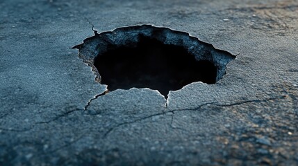 Crater on concrete ground from chemical blast impact