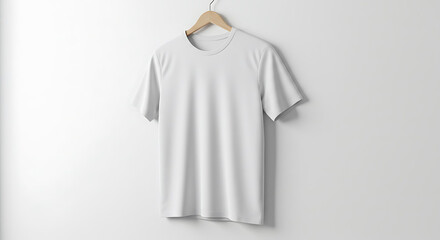 Clean White T-Shirt Mockup on Wooden Hanger Against White Wall