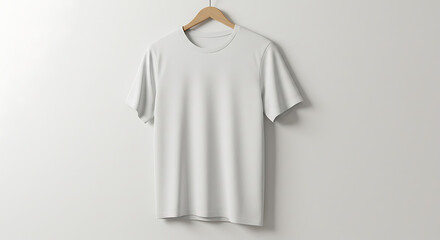 Clean White T-Shirt Hanging on Wooden Hanger Against a White Wall