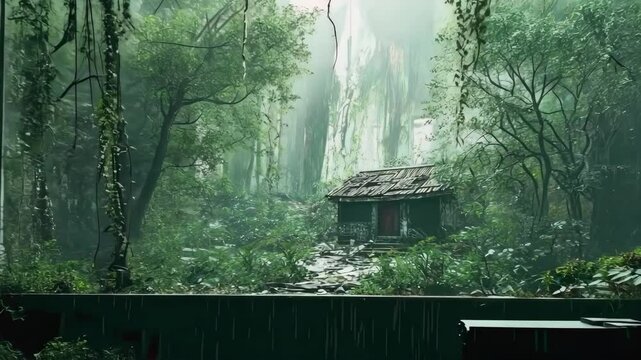 Abandoned computer in overgrown room looks out onto lush forest, nature's takeover