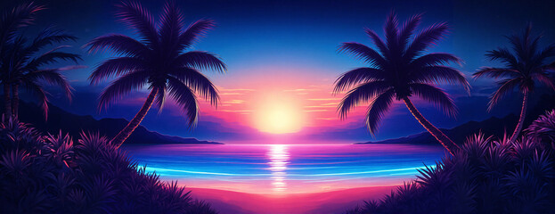 Obraz premium Palm trees on the background of tropical sunset on the sea in neon colors, retrowave style, dreamy atmosphere