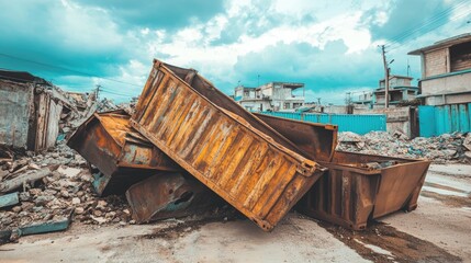 Displaced steel containers after massive blast wave