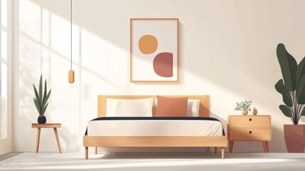 Bright, minimal bedroom features wooden bed, simple decor, and warm sunlit ambience