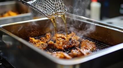 Frying food in palm oil in a deep fryer basket