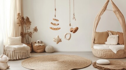 Light-filled room with floating mobile toy and multifunctional Cushoion laid nearby