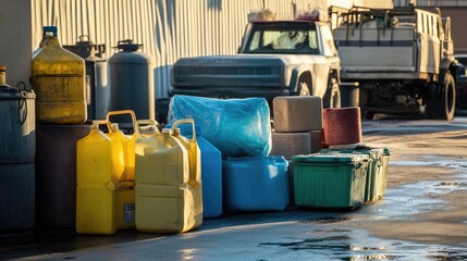 Melted plastic containers and bags in chemical fire scene