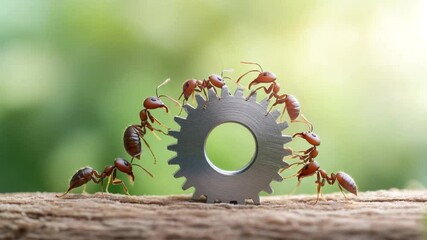 Ants and Gear: A macro shot of ants working together, meticulously pushing a gear, symbolizing teamwork and cooperation in the face of challenges.