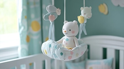 Mobile toy gently spinning above a crib, capturing baby's attention and encouraging focus