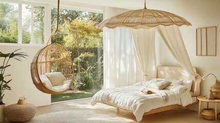Mobile toy in natural wood and fabric designs suspended above a comfortable sleeping area