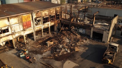 Overhead view of warehouse destruction from blast