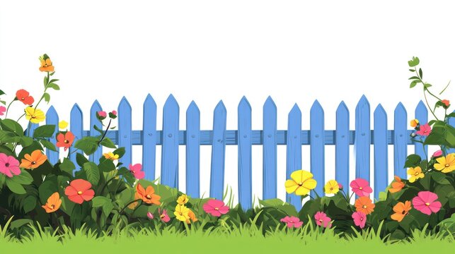 Charming garden scene with a blue picket fence and colorful flowers on white backdrop