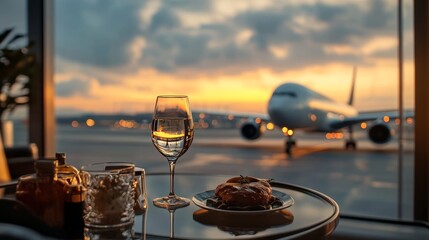 Elegant Airport Lounge at Golden Sunset with Wine and Pastry, Airplane Taking Off Nearby
