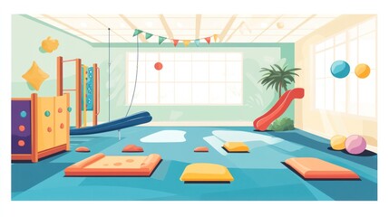 Bright, cartoon indoor playroom with climbing structures and soft play areas, sunlight