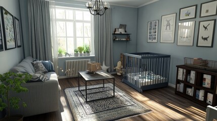 Stylish living space with Ggumbi playpen near sofa and coffee table, blending with decor