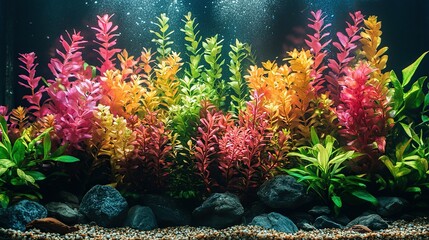 Fototapeta premium Colorful aquarium plants, underwater scene, vibrant decor, background bubbles, home decor