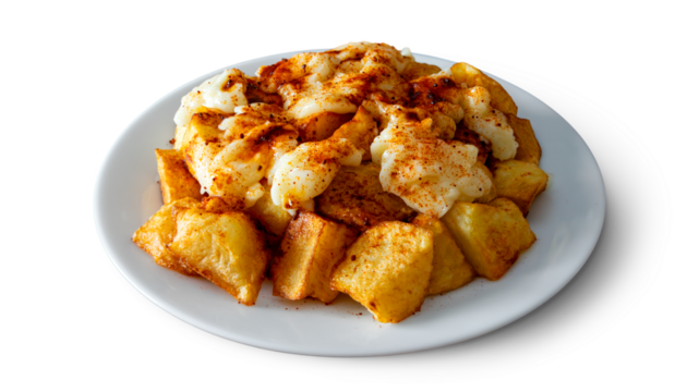 A plate of patatas bravas with aioli and spicy paprika, a typical Spanish tapa isolated on empty background