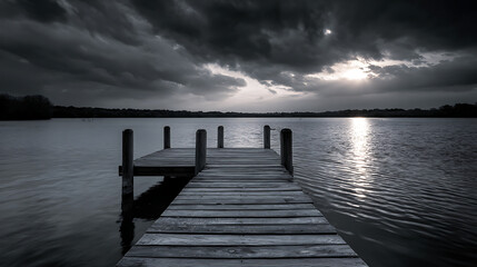 Obraz premium Dramatic Monochrome Landscape of a Wooden Dock Extending into a Calm Lake at Sunset