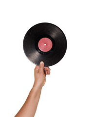 Hand holding vinyl record isolated on white background.