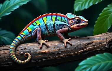 Obraz premium Close-up of a colorful chameleon on a branch in a tropical rainforest. A brightly colored chameleon with amazing color- changing scales. Wildlife photography of an exotic chameleon in its natural
