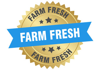 farm fresh. farm fresh round blue and gold label isolated on transparent background