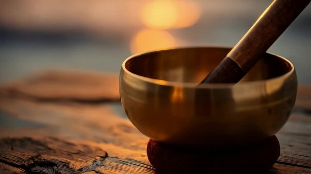 Tranquil Sunrise Meditation with Singing Bowl. A serene scene featuring a golden singing bowl and wooden striker rests on a weathered wooden surface. 