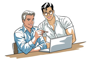 Color illustration depicts two smiling men collaborating on a laptop. One man points to the screen, suggesting discussion or instruction, while the other listens attentively.