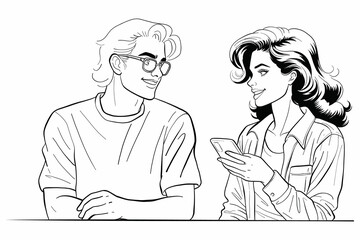 Black and white line art illustration depicts a smiling man and woman interacting. The woman holds a smartphone, while the man looks at her, suggesting a casual conversation or shared moment.