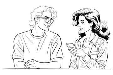 Black and white line art illustration depicts a smiling man and woman interacting. The woman holds a smartphone, while the man looks at her, suggesting a casual conversation or shared moment.