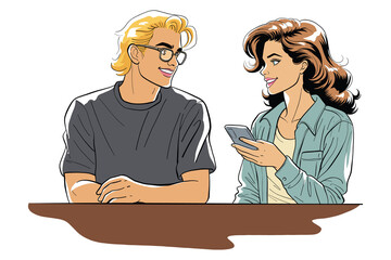 Color cartoon illustration depicts a smiling man and woman interacting. The woman holds a smartphone, while the man looks at her, suggesting a casual conversation or shared moment.