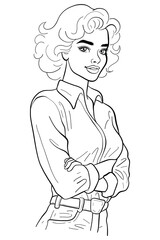 Confident elegant woman with classic curly short hair is depicted in a black and white line art illustration. With her arms crossed and a charming smile, this half-body portrait conveys a professional