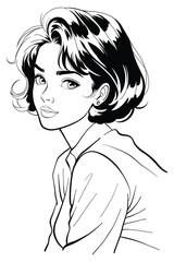 A captivating black and white portrait beautiful woman with short, dark hair looking back over her shoulder. This elegant illustration ideas for beauty, fashion, and character design