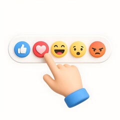 3D illustration of a hand pressing a heart reaction icon among other social media emoticons, including like, laugh, surprise, and angry. Perfect for illustrating social engagement, user interaction, f