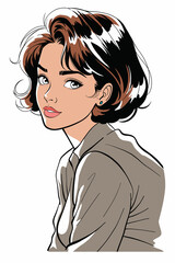 A captivating color cartoon portrait beautiful woman with short, dark hair looking back over her shoulder. This elegant illustration ideas for beauty, fashion, and character design