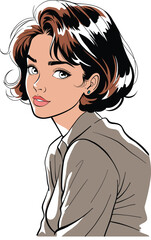 A captivating color cartoon portrait beautiful woman with short, dark hair looking back over her shoulder. This elegant illustration ideas for beauty, fashion, and character design