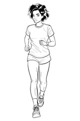 Black and white line art sportswoman jogging. Dressed in casual sportswear, she embodies fitness, healthy lifestyle, and active movement. Ideal for exercise, workout, and running-themed content