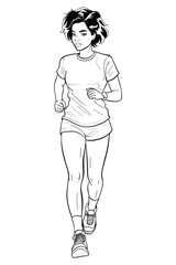 Black and white line art sportswoman jogging. Dressed in casual sportswear, she embodies fitness, healthy lifestyle, and active movement. Ideal for exercise, workout, and running-themed content
