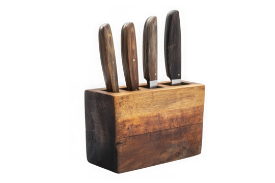 Wooden knife block set kitchen utensils cooking tools chef knives culinary equipment professional cutlery knives holder kitchenware isolated on transparent background