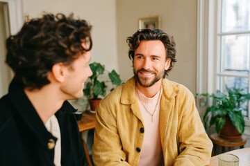 Two Caucasian Men in Conversation Indoor