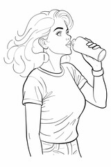 line art sketch features a young woman drinking water from a bottle. Ideal as a coloring page, this outline drawing promotes wellness and self-care.
