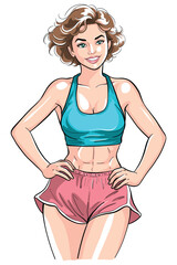 A vibrant cartoon illustration of a fit woman in a blue sports bra and pink shorts, showcasing toned abs. She smiles confidently, embodying an active and healthy lifestyle.