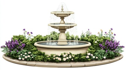 Fototapeta premium Elaborate multi-tiered fountain surrounded by lush flowers and greenery on a stone base