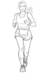The line art sketch features her in sportswear with a race bib, highlighting athletic determination. Ideal as a coloring page, this outline drawing promotes fitness, exercise, and an active lifestyle.