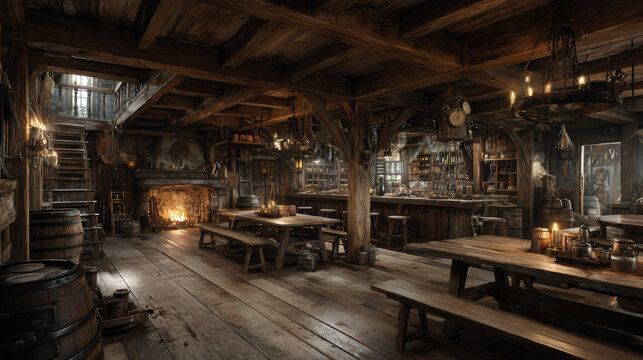 Highly detailed medieval tavern interior with wooden beams, fireplace, and rustic candlelit atmosphere