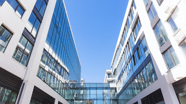Modern glass office tower with clean lines in a business district, symbolizing professionalism and urban sophistication.