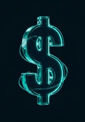 A teal glowing dollar sign symbol in a dark background. Abstract 3D illustration of a translucent dollar sign against a dark backdrop.